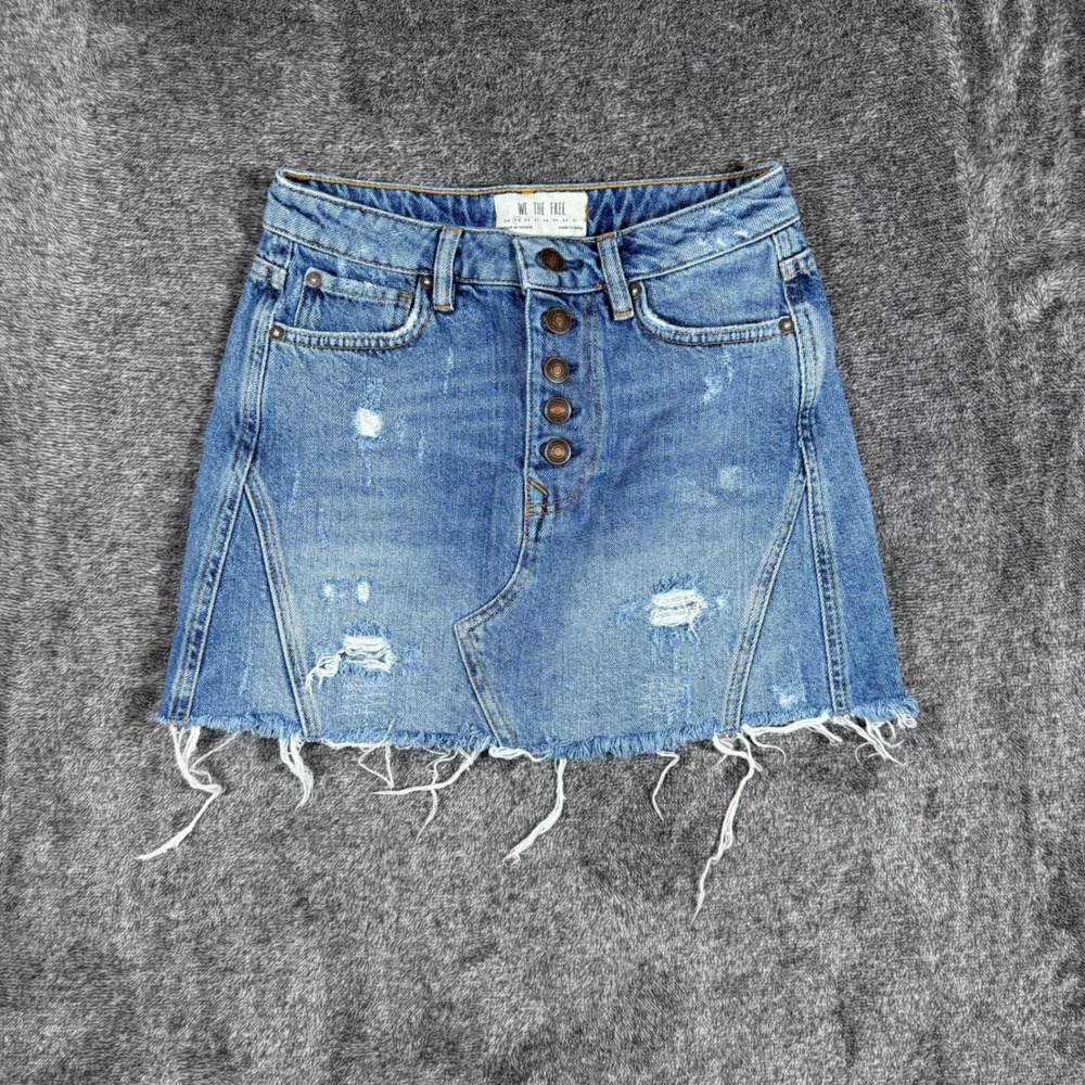 We The Free Free People Denim Mini Skirt Distressed Frayed Hem Blue Size 25